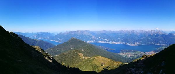 Panoramic view of mountains against clear blue sky