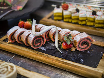 Close-up of hot dog on cutting board