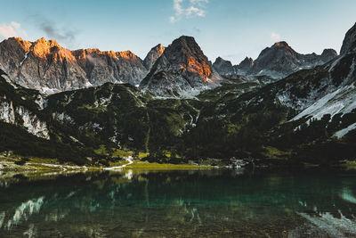 Scenic view of lake and snowcapped mountains against sky