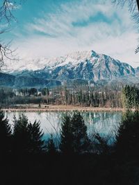 Scenic view of lake and mountains against sky