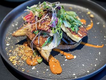 High angle view of food in plate