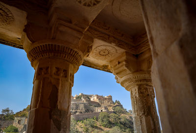 Ancient fort ruins with bright blue sky from unique perspective at morning