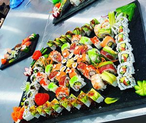High angle view of sushi served on table