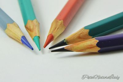 Close-up of colored pencils on white background