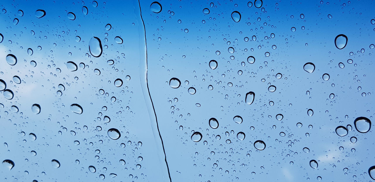 drop, water, wet, transparent, backgrounds, window, no people, close-up, nature, glass, full frame, rain, blue, indoors, pattern, purity, raindrop, freshness, simplicity, sky, abstract, shape, line