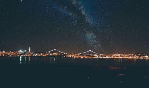 Illuminated bridge over river against sky in city at night