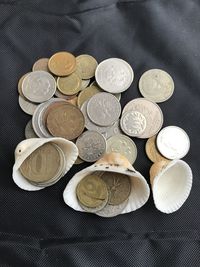 High angle view of coins on table