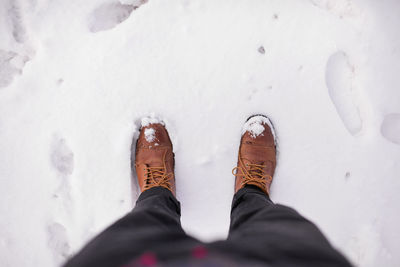 Low section of person standing on snow