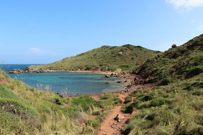 Scenic view of sea and mountains against blue sky