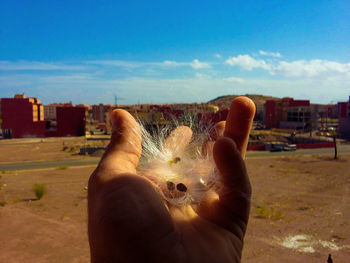 Close-up of hand holding umbrella against sky