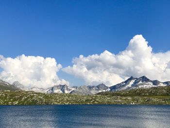 Scenic view of lake by mountains against sky