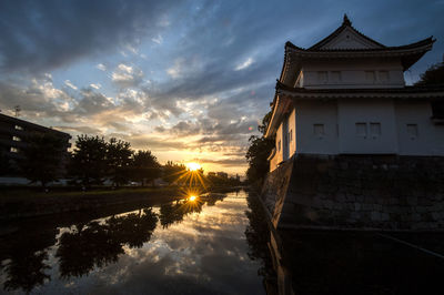 House by lake against sky during sunset