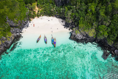 High angle view of nautical vessel moored on island