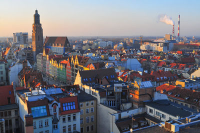 High angle view of buildings in city