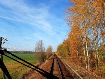 Railroad tracks seen through train windshield