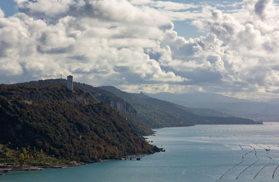 Scenic view of sea and mountains against sky