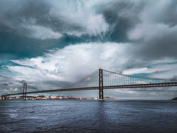 Suspension bridge over river against cloudy sky