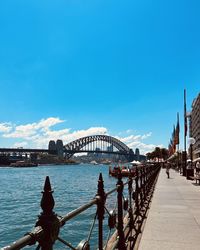 View of bridge over river against blue sky