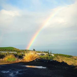 Scenic view of rainbow over land against sky