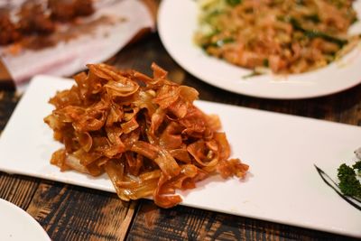 High angle view of food in plate on table