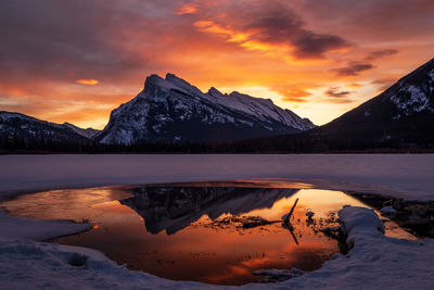 Scenic view of lake by mountains against orange sky