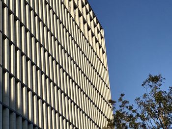 Low angle view of modern building against clear blue sky