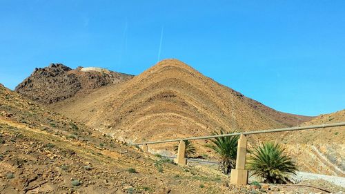 Low angle view of landscape against clear blue sky