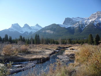 Scenic view of lake and mountains against clear sky