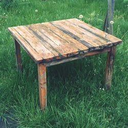 Wooden bench on grassy field