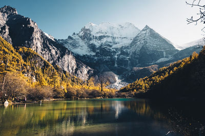 Scenic view of lake by snowcapped mountains against sky