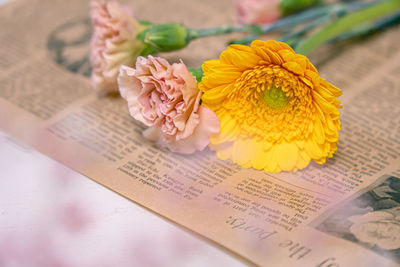 High angle view of flower bouquet on table