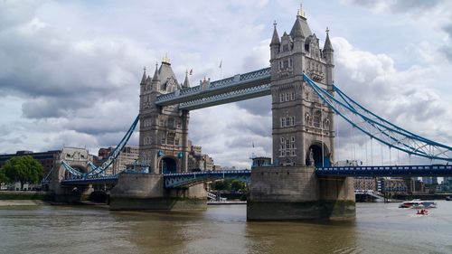 View of bridge over river against cloudy sky