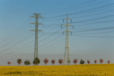 Electricity pylons on field