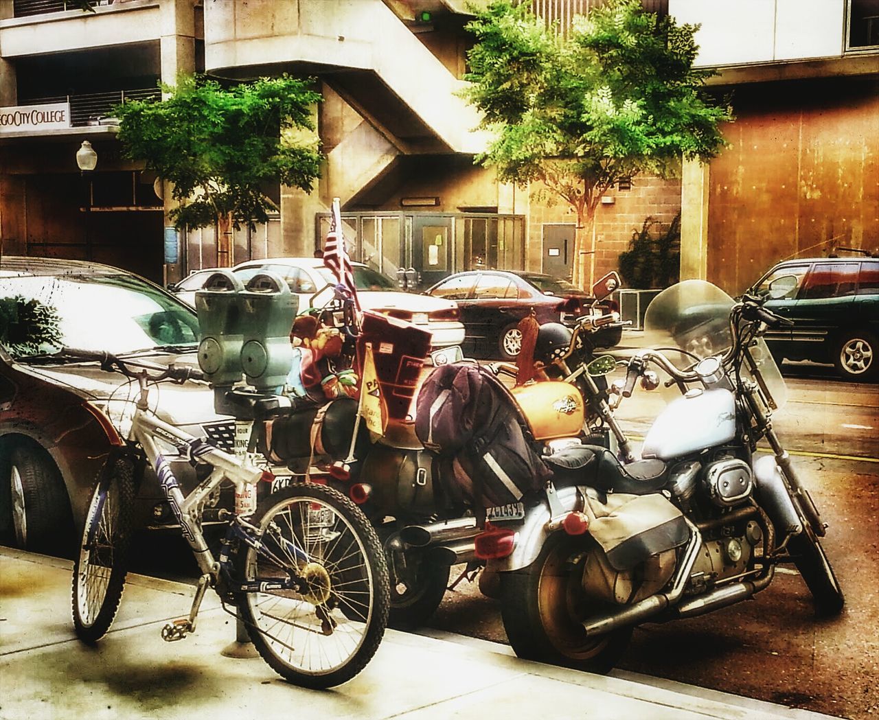 bicycle, mode of transport, land vehicle, transportation, parked, parking, stationary, building exterior, architecture, built structure, street, car, house, travel, outdoors, parking lot, motorcycle, day, in a row, tree