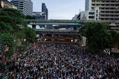 High angle view of people on street against buildings