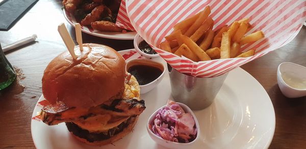 Close-up of food served on table