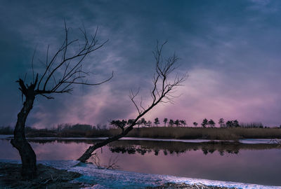 Scenic view of lake against dramatic sky