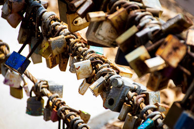 Close-up of padlocks on metal