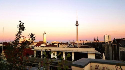 View of communications tower at sunset