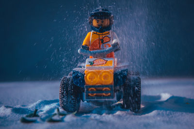 View of toy car in snow