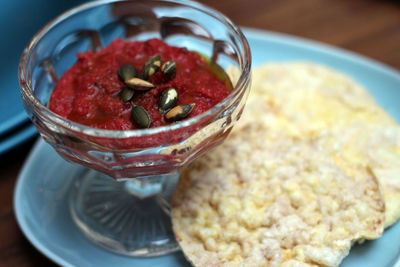 Close-up of dessert served in plate on table