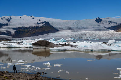 Scenic view of lake and snowcapped mountains against sky