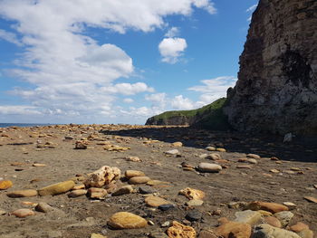 Surface level of rocks on shore against sky