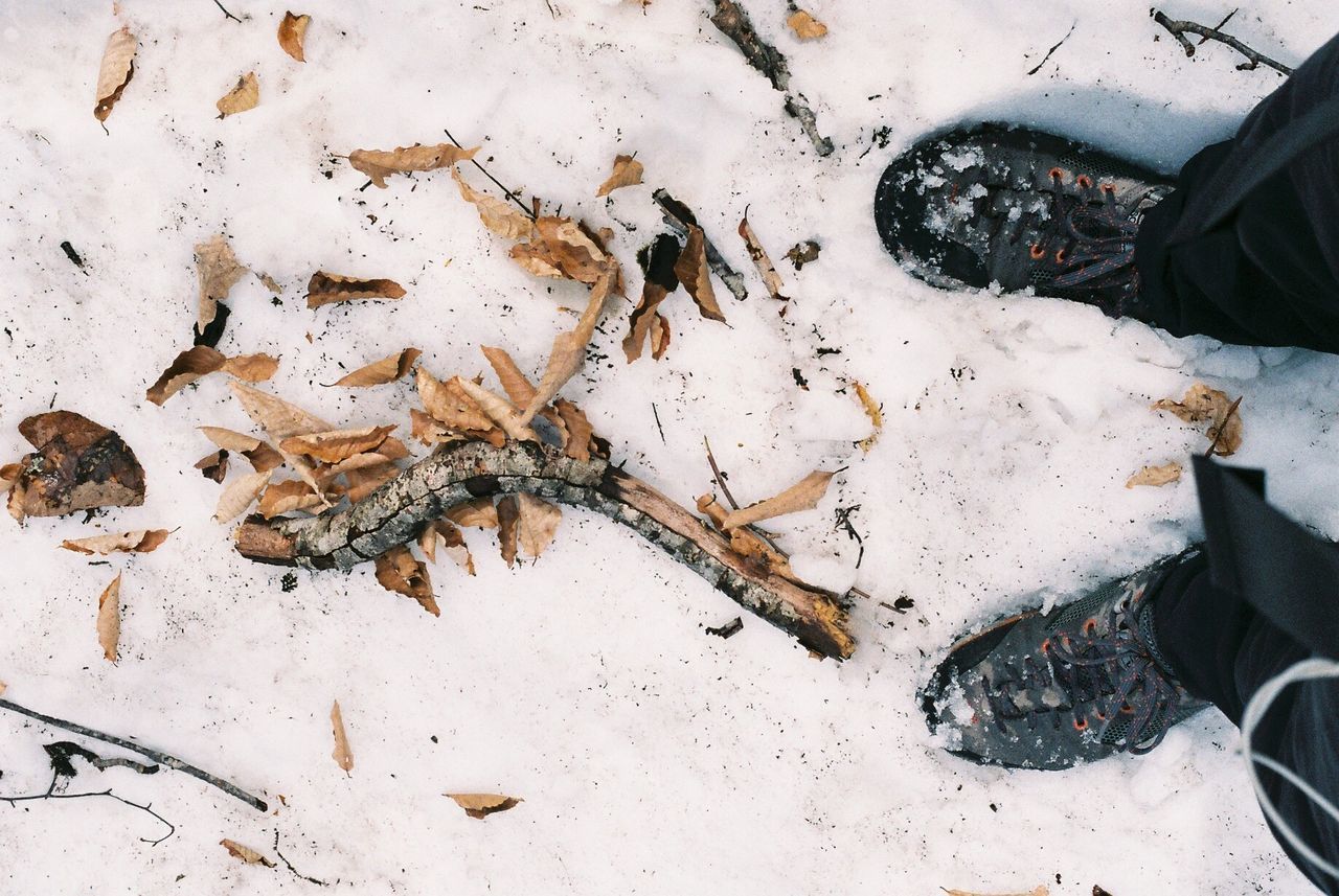low section, human leg, one person, human body part, real people, standing, winter, snow, cold temperature, human foot, shoe, high angle view, men, outdoors, day, lifestyles, human hand, nature, close-up, one man only, people