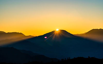 Scenic view of snowcapped mountains against sky during sunset