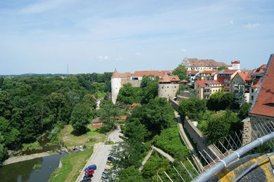 High angle view of trees against sky