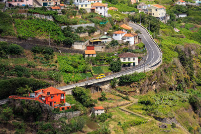 High angle view of buildings in village