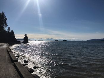 Silhouette person on sea against sky on sunny day