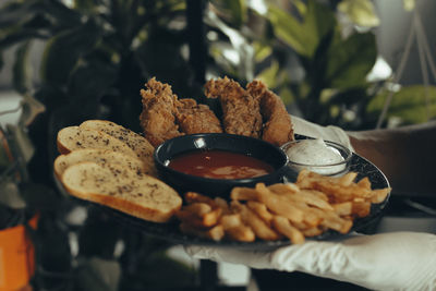 Close-up of food served on table