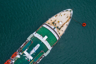 High angle view of ship by sea